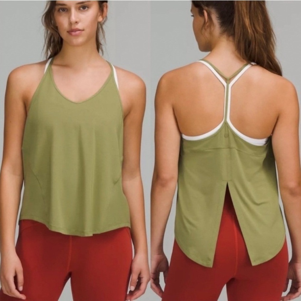 Lululemon Key to Balance Tank Top Green Silk Blend Split Back SIZE 2